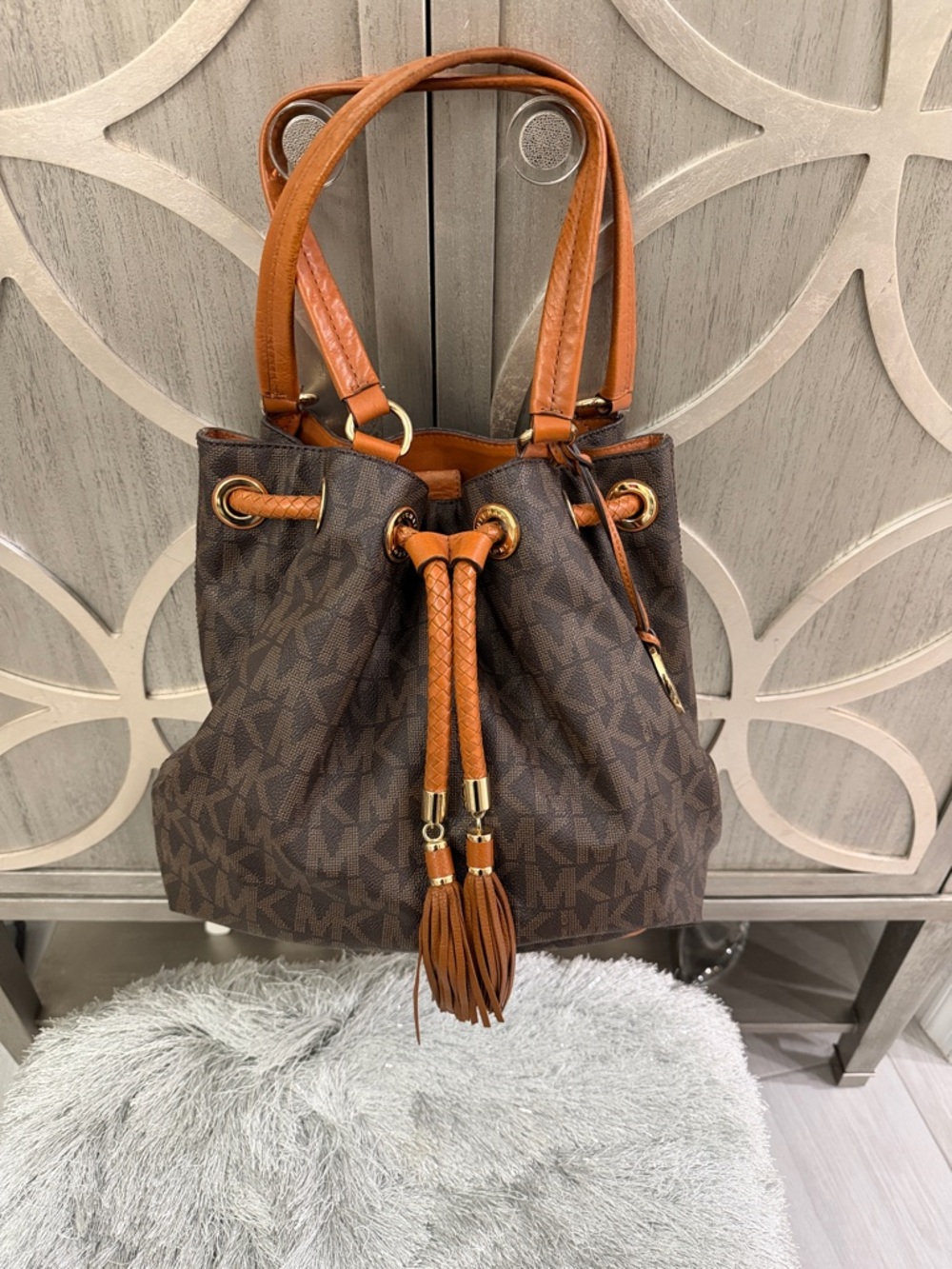 Michael Kors Brown & Tan Logo Drawstring Hobo with Tassels - Picture 4 of 6